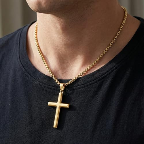 Image of 14K Gold Cross Necklaces for Men,Crosses Pendant Necklace for Mens Minimalist Religion Jewelry Chunky Box Chain 24in