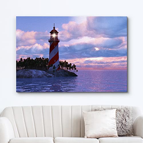 Wall26 Canvas Print Wall Art Dramatic Purple Sky Over Striped Island Lighthouse Nature Wilderness Photography Modern Art Rustic Scenic Colorful Multicolor For Living Room, Bedroom, Office - 16"X24" #TOP1