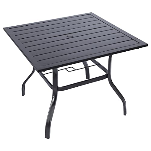 Luckyberry Outdoor Dining Table Metal Steel Slat Square Patio Dining Table 37 Inch With 1.57" Garden Umbrella Hole, Backyard And Porch， Classic Black #TOP24