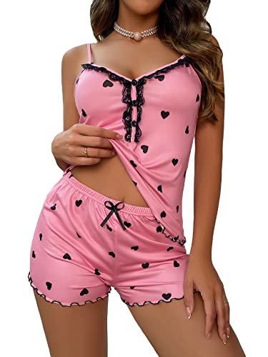 Floerns Women's Contrast Lace Cami Top And Lettuce Trim Bow Knot Shorts Pj Set Light Pink L #TOP14