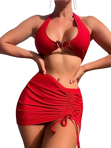 Swimsuit - Women's 3 Piece Bathing Suits (Butterfly Link) Bikini Set with Cover Up Skirt - hot Sexy Trendy Butterfly Design