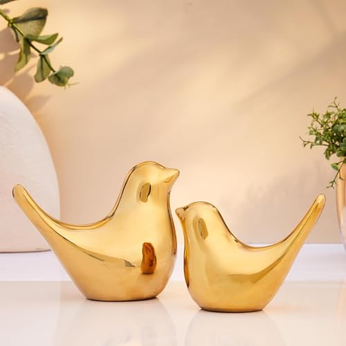 Image of Ceramic Golden Bird Figurine Set with Non-Slip Base, Decorative Bird Statues for Tabletop Shelf Display, Gold Ceramic Bird Showpieces (Pack of 2)