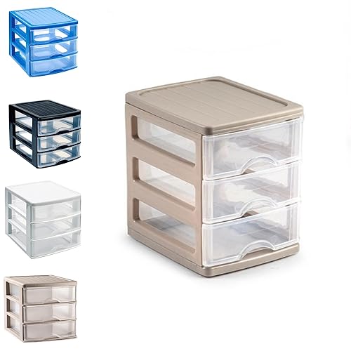 Plastic Desktop Storage Unit with Drawers, Stationary Arts Drawer Desktop Tabletop Organiser Storage Tower Unit for Office Bedroom Garage ((17 x 13.5 x 17cm, Taupe with 3 Clear Drawers))