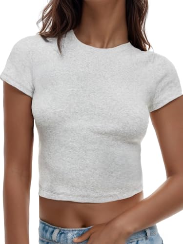 AnotherChill Women's Short Sleeve Crew Neck T-Shirts Ribbed Cotton Crop Top Y2K Summer Going Out Tops Baby Tee Outfits 2024