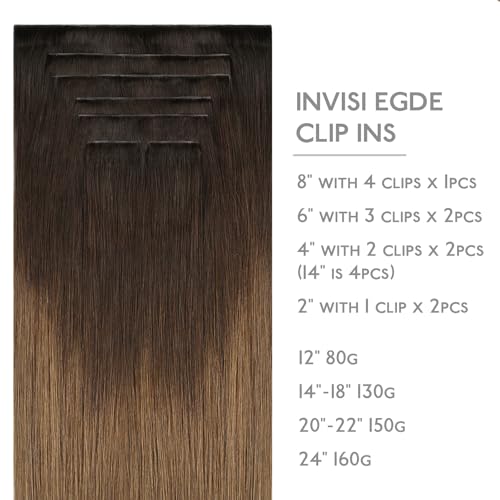 Image of WENNALIFE Invisible Edge Seamless Clip in Hair Extensions Real Human Hair | 22'' 150g 7pcs Balayage Chocolate Brown to Caramel Blonde. Thin PU Weft, Easy, Comfortable Clip in Remy Hair Extensions