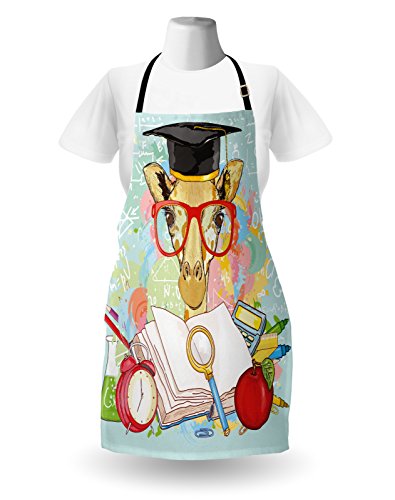 Ambesonne Graduation Apron, Hipster Giraffe Animal Glasses And Cap Geek Student In, Unisex Kitchen Bib With Adjustable Neck For Cooking Gardening, Adult Size, Pastel Blue #TOP1