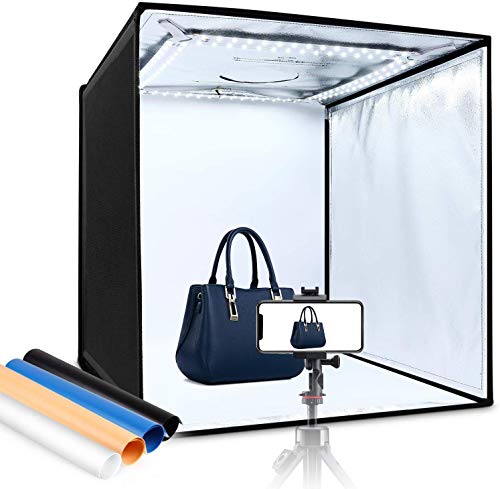 60cm Caja de Luz Fotografia Brillo Ajustable - amzdeal Photo Studio Portátil Plegable LED Fijación de la Luz del día Fijación Pegar, 3 Ventanas de Disparo, 4 Fondos (Azul, Blanco, Negro, Naranja)