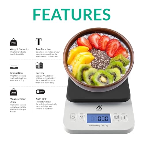 Image of ActiveX (Australia) Quanty Smart Food Scale Accurate Digital Kitchen Scale Measures | Grams and Ounces 6kg / 13lbs Max Limit| 0.1g Accuracy| Backlit Display