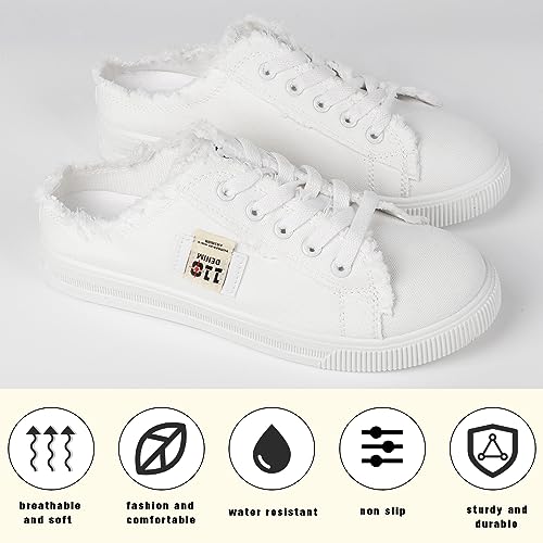 QZUnique Women's Canvas Sneakers, Slip-On Mule Backless Low Top Fashion Walking Shoes for Summer, White Lace up Casual Classic Comfortable Clipper Sneakers3