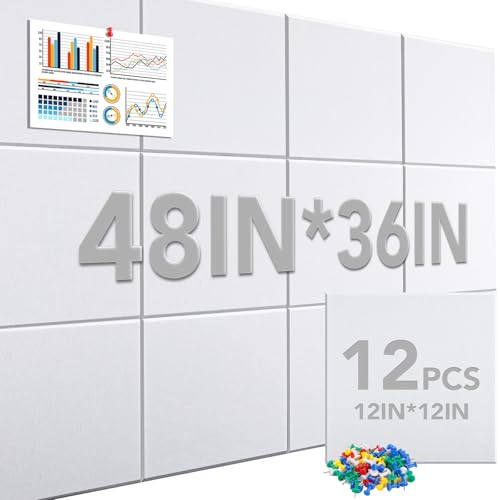 Cork Boards for Walls 36”x48, 12 Pack White Bulletin Board, Reusable Felt Wall Tiles with 70 Pins and Non-Marking Adhesives, Cork Board for Office Pin Board