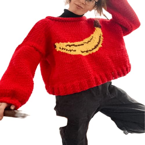 Women Y2K Graphic Sweater top Cute Print Long Sleeve Knit Pullover Preppy Fall Winter Aesthetic Streetwear, Banana Red, Small