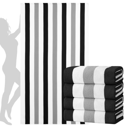 Jessy Home 4 Pack Striped Oversized Beach Towel Set, 40x70 Inch Microfiber Sandproof Quick Dry Super Soft Swim Towels, Absorbent Stylish Pool Towels, Swim Cover Up for Beach Vacation Travel by Jessy Home - Used condition - US$24.99