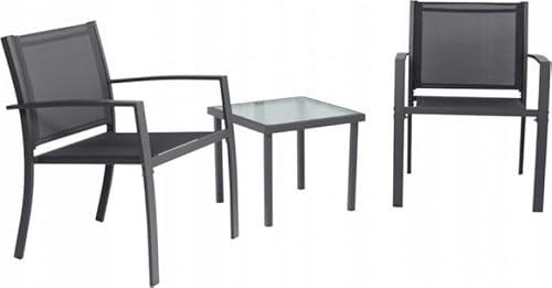 VBChome Gartenmöbel-Set 3-teilige Dunkelgrau Zwei Stühle und Tisch mit Gehärtetes Glas Stahlrahmen Stoffmaterial Stabile Konstruktion Balkon Terrasse Garten Moderner Stil Gartenmöbel