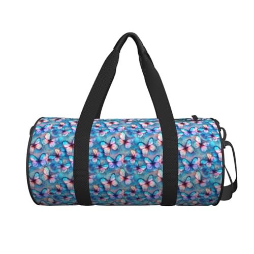 Blue and Pink Butterfly Travel Duffel Bag Shoes Compartment Foldable Lightweight Yoga Gym Sports Bag2