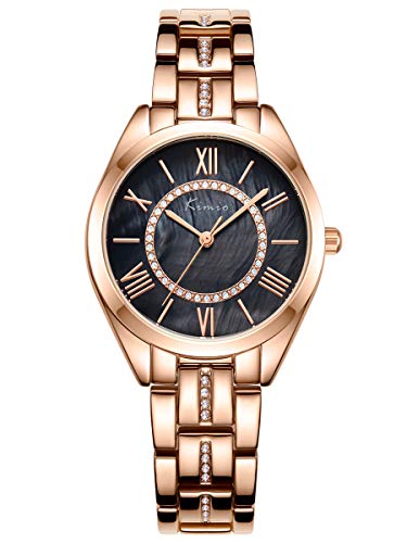 Alienwork Damen-Armbanduhr Quarz Rose-Gold mit Edelstahl Metallarmband schwarz Perlmutt-Zifferblatt Strass-Steinen Ultra-flach dünn