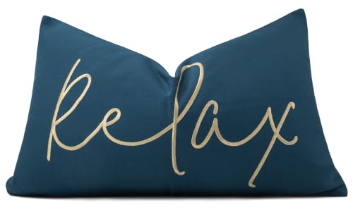 Rudransha Relax Embroidered Lumbar Pillow Cover 12x20 Teal Cotton