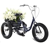 Thalorus Fat Tire Adult Tricycle, 20 Inch 3 Wheel Bike 7 Speed Heavy Duty 450 lbs Capacity All Terrain Trike with Large Cargo Basket and Dual Disc Brakes for Seniors Adults Blue (PT-S3)