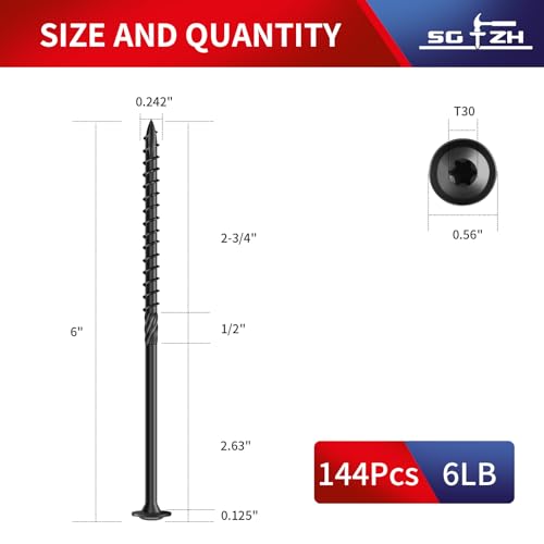 Image of #14 x 6 Inch Lag Screws (144Pcs) 6lb. Structural Wood Screw, Black, Carbon Steel, Washer Head, Rust Resistant epoxy Coated, T30 Star Bit