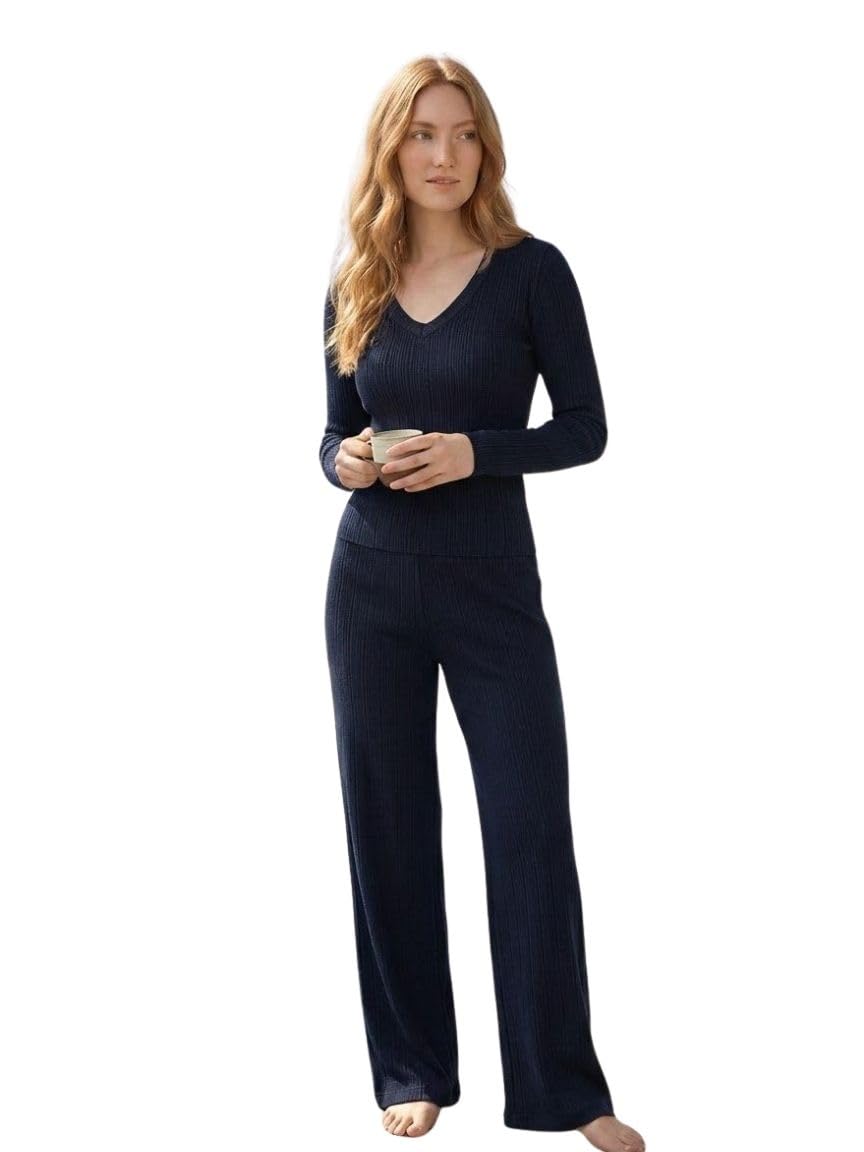 Women Striped Cord Set Full Sleeve | V Neck Top with Full Length Trouser Polyester Blend | Casual Summer Wear Co-Ord Set for Women-image-43