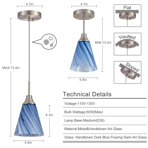 Image of Viinew Mini Glass Pendant Light,1-Pack Blue Marble Glass Pendant Lamp