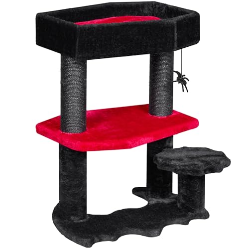 BEWISHOME Gothic Cat Tree with Coffin Cat Bed Goth Cat Tower Coffin Cat Tree with Scratching Post, Spider Hanging Ball Halloween Black Red Pet Furniture MMJ94R