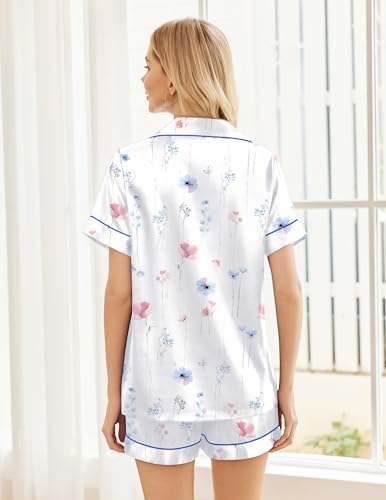 Image of Ekouaer Womens Silk Satin Pajama Sets Soft Short Sleeve Button Down Sleepwear Top and Shorts 2 Piece Pjs Lounge Set