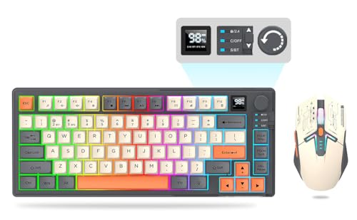 Game Keyboard&Mouse Combo 75 Tri-Mode BT5.0/2.4GHz/USB-C Mechanical Keyboard+3D 1600DPI Mice with Smart Display 80 Keys Knob Volume Control 2000mAh Battery for Mac Laptop Computer PC Gamer (Black)