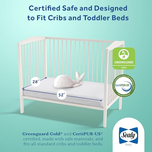 Image of Sealy Baby Butterfly Crib Mattress plus Toddler Bed Fit, Premium American Foam, Washable Easy to Clean Zip Off Cover, GREENGUARD Gold Certified, Safety & Quality Tested, Made in USA, 52 inchX28 inch - Stripes