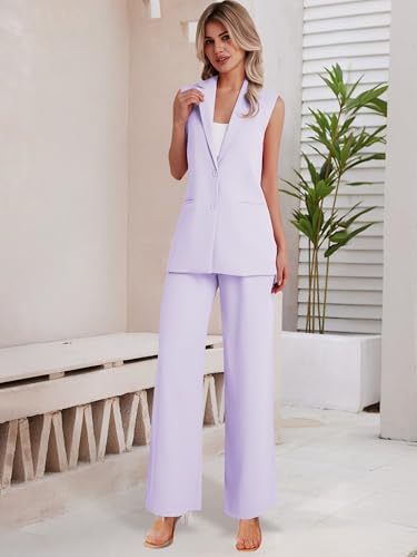 Kelyaa Women’s Suit Set: Elegant Light Purple 2-Piece Outfit with Sleeveless Vest and Wide Leg Pants for X-Large Sizes - Image 5