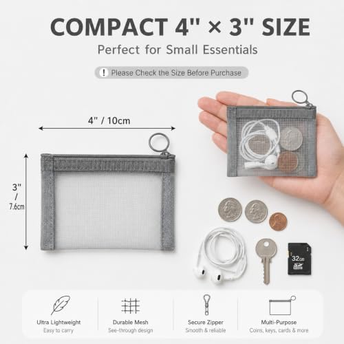 Image of Jexine 60 Pcs Mini Zipper Mesh Bags 4 inch x 3 inch Nylon Coin Pouch, Gray