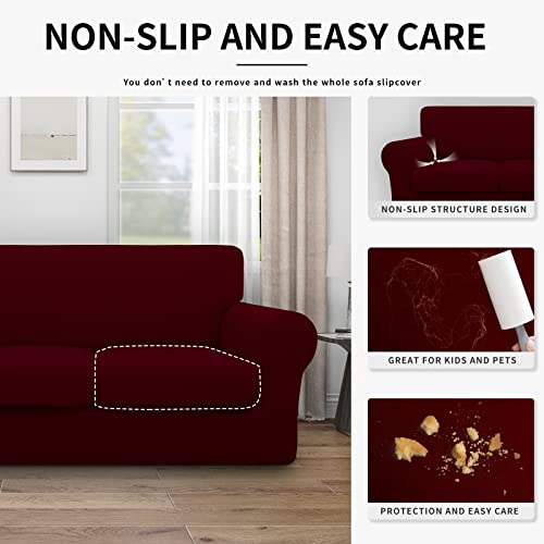 Image of Easy-Going Waterproof 4 Pieces Stretch Couch Cover for 3 Cushion Wine | 100% Dual Waterproof Sofa Slipcover for 3 Separate Cushion Couch Leakproof Furniture Protector for Kids, Pets