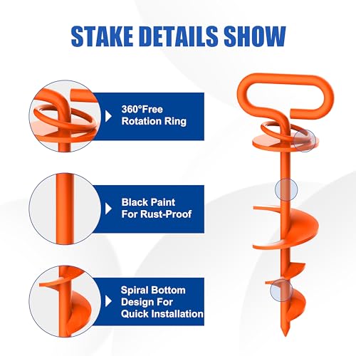 Image of Eurmax USA 2-Pack Heavy Duty Dog Tie Out Stake, No-Tangle In Ground Anchor Runner for Large Dogs up to 210 Lbs - Perfect for Yard, Beach and Camping (Square,Orange)