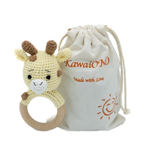 Handmade Cotton Crochet Amigurumi Giraffe Rattler with Wooden Han...