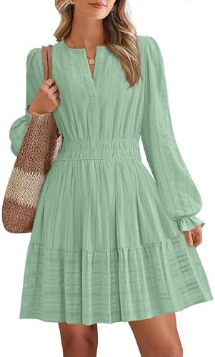 BTFBM Mini Dresses for Women 2025 Casual Lightweight Long Sleeve V Neck A Line Elastic Waist Party Holiday Dress