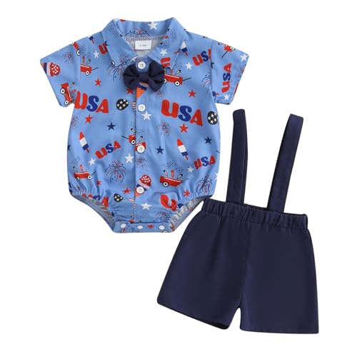 Yccutest My First 4th of July Baby Boy Outfits Newborn Summer Patriotic Clothes Toddler USA Romper Shirt Suspender Shorts Set (Blue,3-6 Months)