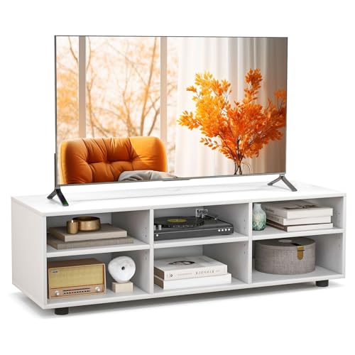 CASART TV Stand, 3-Tier Wooden TV Cabinet with Adjustable Shelves, Modern White TV Console Table Living Room Media Entertainment Center for TVs up to 40" (6 Cubes-115 x 39 x 34cm)