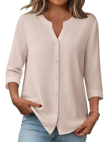 Zeagoo Ladies Tops and Blouses Cotton Casual Button Down Shirt Three Quarter Sleeve Loose Fit Summer Linen Outfits M Khaki