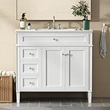 OWIPAW 36' Bathroom Vanity with Sink, Solid Wood Frame Modern Bathroom Vanity, Bathroom Single Sink Cabinet with Charging Station, White