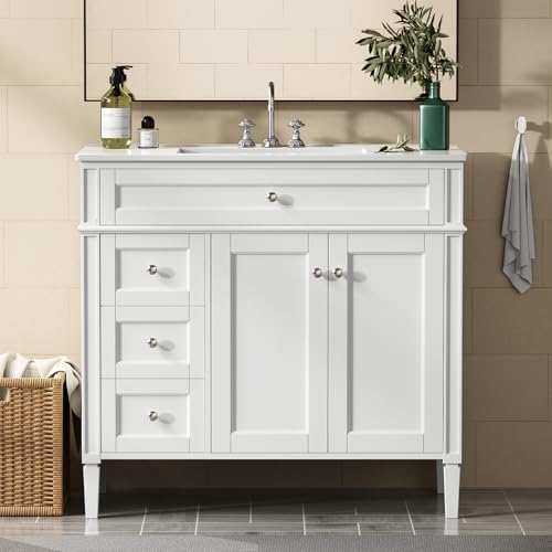 OWIPAW 36' Bathroom Vanity with Sink, Solid Wood Frame Modern Bathroom Vanity, Bathroom Single Sink Cabinet with Charging Station, White