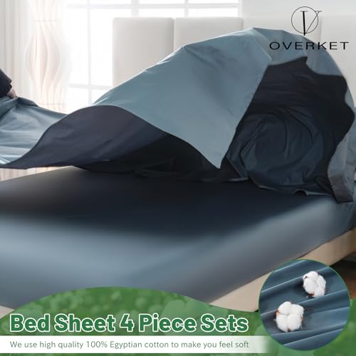 Image of 100% Egyptian Cotton Sheets King Size 4PCS 1000 Thread Count Sateen Weave Soft Breathable 16-Inch Deep Pocket (King,Dusty Blue)