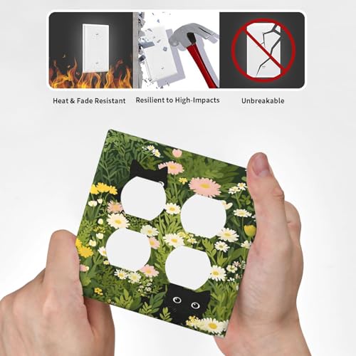 Decorative Outlet Covers Funny Cute Black Cat Colorful Flower Green Plant 2 Gang Wall Plate Cover Double Duplex Receptacle Two Switch Light Switch Cover Plate Faceplate for Home Decor
