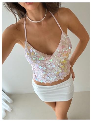 SHENHE Women's Sparkly Sequin Halter Top Open Back Sexy Y2k Backless Rave Clubwear Crop Tank3