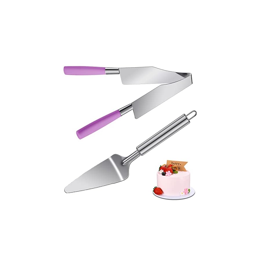 2 Pieces Cake Slicer Cutter Multi Function Stainless Steel Cake Spatula Stainless Steel Cake Server Set for Cakes Pie Desserts Pizza (Pink or Purple)