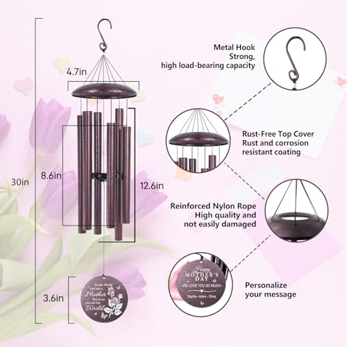 Image of Gift for Mom from Daughter Son, Birthday for Dear Mom from Children, 32 inch Metal Personalized Rose Wind Chime for Mothers, Thanksgiving Gift