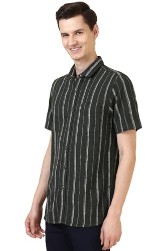 Image of Allen Solly Men's Regular Fit Striped Casual Shirt | Textured Cotton‑Blend Fabric | Half Sleeves | Spread Collar | Beige | Everyday Stylish Casual Wear