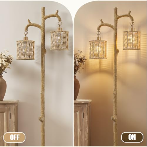 EJIAXIN Floor Lamp for Living Room - 69" Farmhouse Tree Trunk Standing Lamps - Country Resin Tall Lamp with 2 Rattan Lampshade - Rustic Floor Lamp for Bedroom Office Home Decor by EJIAXIN - Used condition - Image 6
