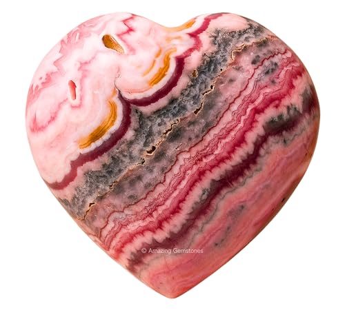 Rhodochrosite Crystal Heart Palm Stone - Pocket Massage Worry Stone for Natural Body Chakra Balancing, Reiki Healing and Crystal Grid