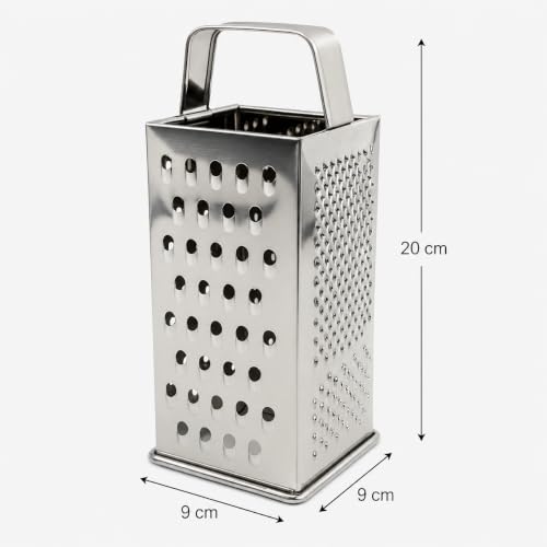 Image of Stainless Steel 4-Sided Box Grater with Handle | Multipurpose Vegetable, Cheese & Fruit Grater for Kitchen | Coarse, Fine, Slice & Shred Options