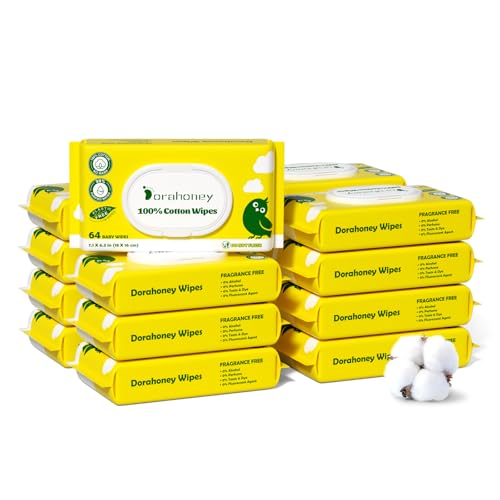 Dorahoney Cotton Baby Feuchttücher, 768 Tücher, 12 Packungen mit je 64 Stück