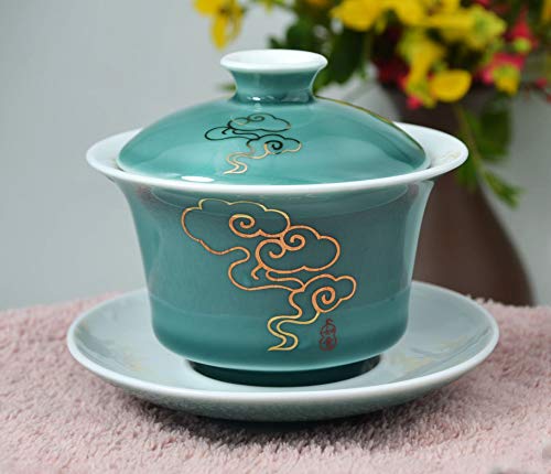 Porcelain Gaiwan 5oz /150ml Teacup White Glazed Classical Chinese Auspicious Clouds Tea Cup Tureen Sancai Cover Bowl Lid Cup Saucer Set (Green) - Thumbnail 4
